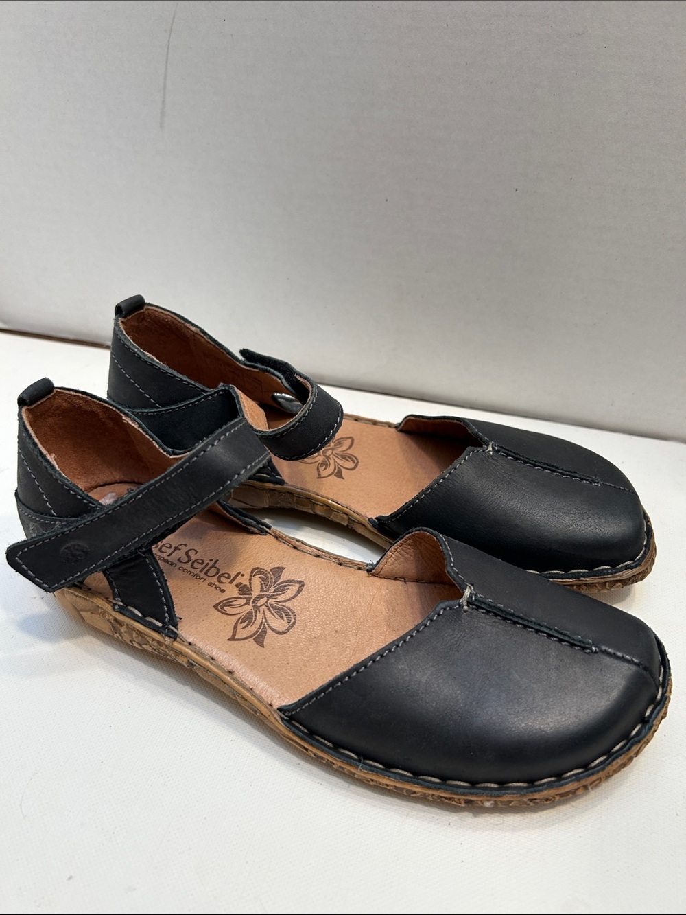 Josef Seibel Black Leather Mary Jane Flats with Ankle Strap